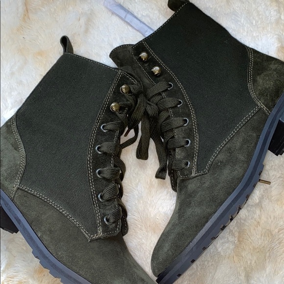 Hermilla Dark Green Combat Boots Size 7.5 – Suede & Canvas Lace-Up Ankle Boot - Picture 10 of 14